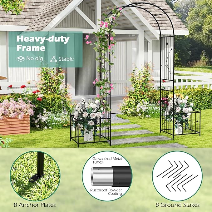 Giantex Garden Arch Trellis with Planters, 86'' Metal Arbor Pergola for Climbing Plants Rose, Heavy-Duty Outdoor Archway for Wedding Party Ceremony Pathway Garden Yard Lawn Decoration