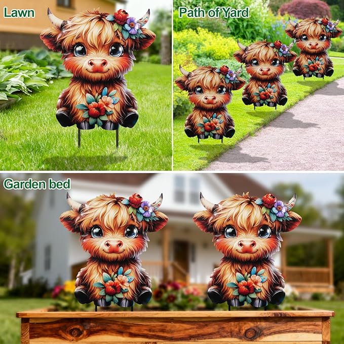 Highland Cow Metal Garden Stakes 12.6” Decorative,Outdoor Garden Highland Cow Decor Stake,Birthday Gifts for Mom Women,Decorative Metal Housewarming Ornament for Lawn Patio Yard Pathway.