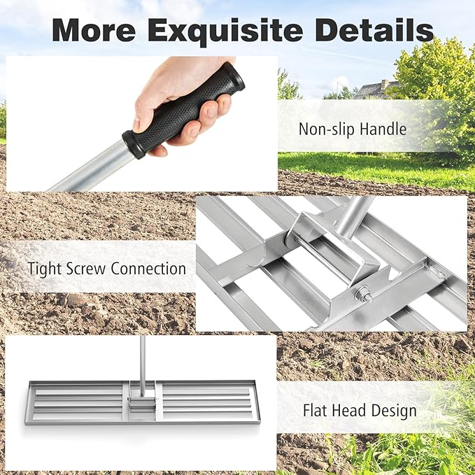 46" x 10" Lawn Leveling Rake, Heavy Duty Landscape Rake with 67" Handle, Non-Slip Grip & Flat Head, Space-Saving Lawn Level Tool for Garden, Backyard, Golf Course & Sports Field(Silver)