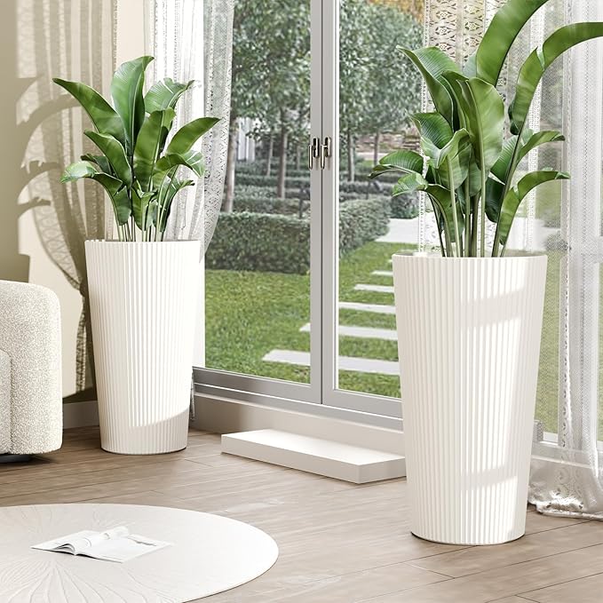23.6" Tall Outdoor Planters, Set of 2 Large Plastic Flower Pots for Indoor & Outdoor Use, Modern Striped Decorative Garden Planters with Drainage Holes for Patio, Porch, Balcony, White