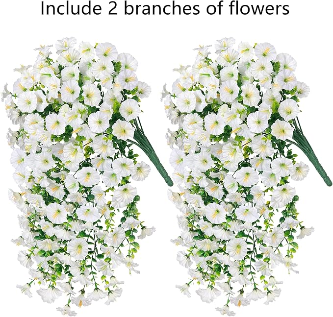 Artificial Faux Hanging Flowers Plants for Outdoor Decor,2 PCS Fake Silk Morning Glory with Eucalyptus UV Resistant Realistic Trailing Vines for Wall Home Porch Patio Balcony Yard Indoor Decor,White