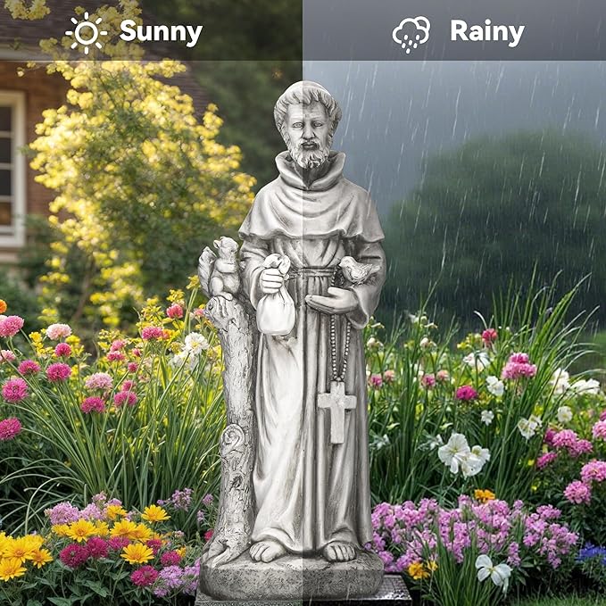 St Francis Garden Statue, 31" Saint Francis Catholic Outdoor Statues, Large Religious Christian Sculpture Deor for Prayer and Meditation, Patron Saint of Animals Patio in Magnesium Oxide Stone