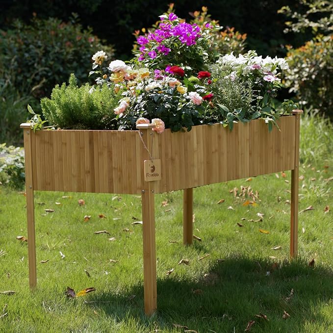 Bamboo Raised Garden Bed, Planter Boxes Outdoor, Garden Boxes Outdoor Raised. Standing Growing Bed for Growing Fresh Herbs, Vegetables, Succulents, Flowers (48x25x30 Inch)