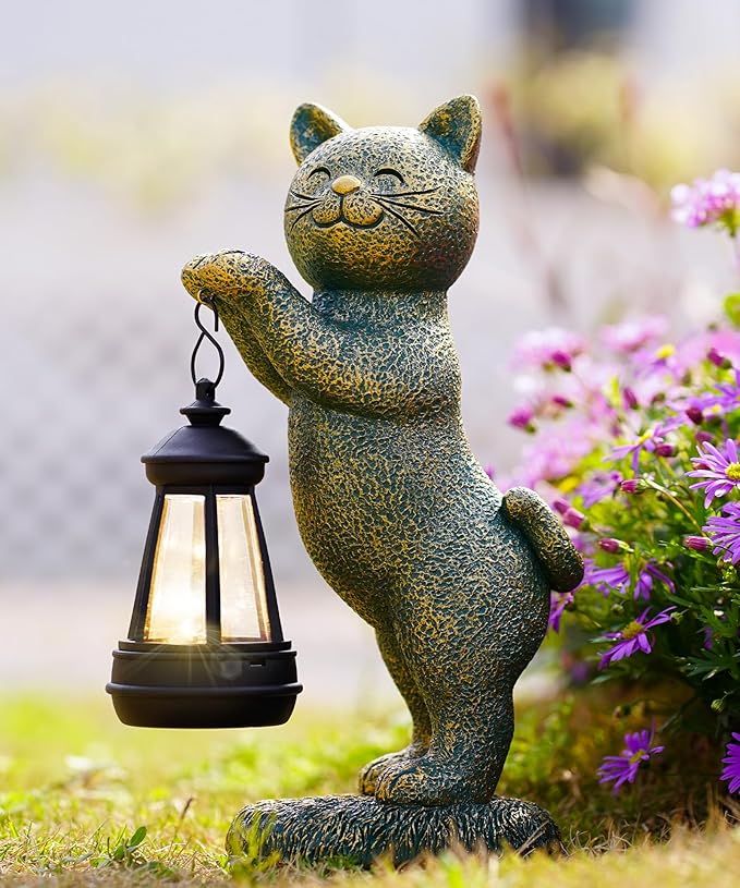Nacome Christmas Cat Outdoor Statues for Garden: Outside Decor with Lantern Clearance for Yard Art Lawn Ornaments Porch Patio Balcony - Birthday Gifts for Grandma Mom Women
