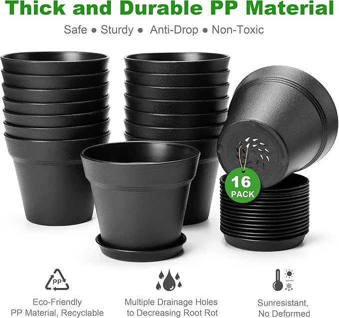 16 Pack Plastic Plant Pots with Drainage Holes and Tray, 4 inch Thickened Indoor Planters Seedlings Nursery Pots for Flowers, African Violet, Succulent and All House Plants, Colorful