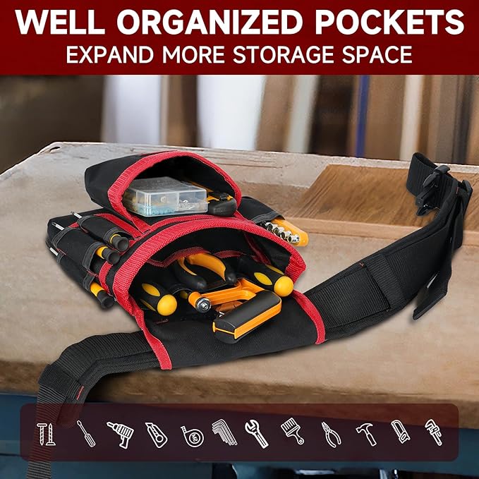Tool Belt,Magnetic Tool Pouch,27-Pockets Heavy Duty Padded Tool Belts for Men,Detachable & Adjustable Tool Pouch Bag for Electrician,Carpenter,Construction,Work Apron,Utility Belt,Black,Red