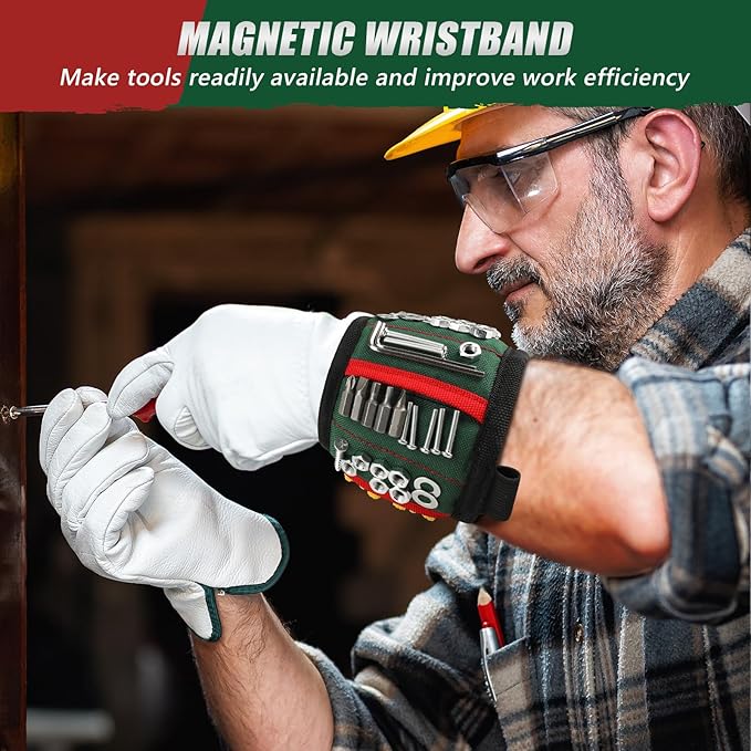 Magnetic Wristband for Tools, Tool Belt Wrist Band with 15 Powerful Magnet, Adjustable Wrist Screws Holder, Gifts for Men, Him, Dad, Stocking Stuffers for Men, Mechanics, Woodworker, Handyman