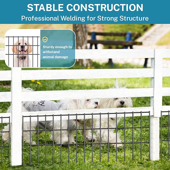 15 Pack 24in(L) X 15in(H) Small/Medium Animal Barrier Fence, 5.5mm Rod with 1.5" Rod Gap, Dog Rabbits Fences Black Metal Fence Panel Ground Stakes for Outdoor Patio. Total 30Ft(L)