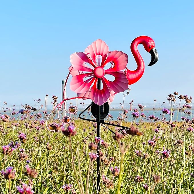 Solar Wind Spinner with Metal Sculpture Garden Stake Flamingo Decor Multi-Color LED Lights for Outdoor Yard Lawn & Garden Decoration