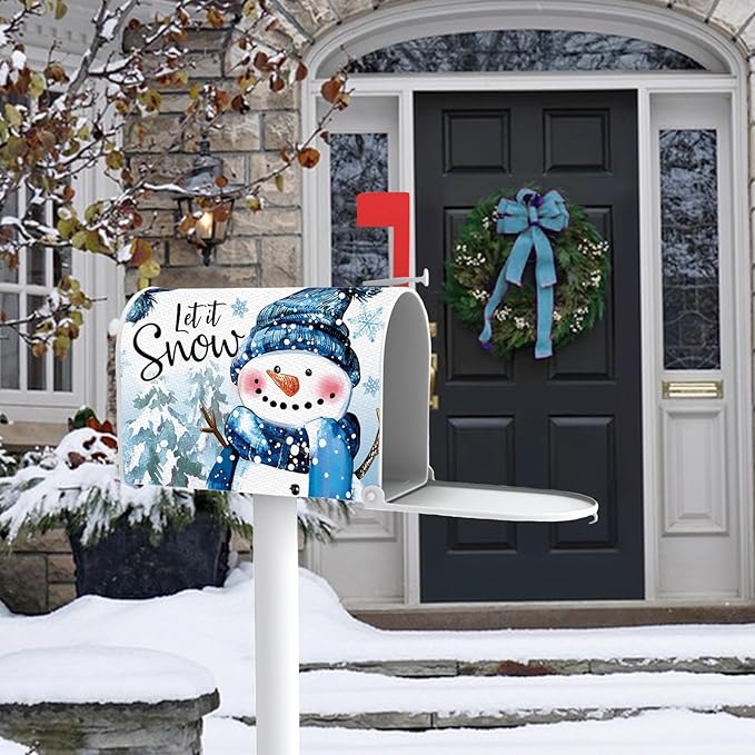 Winter Snowman Mailbox Cover Magnetic Standard Size 20.5" x 18", Let It Snow Pine Tree Snowflake Decorative Post Letter Box Wrap Decor, Christmas Seasonal Garden Yard Outdoor Decoration