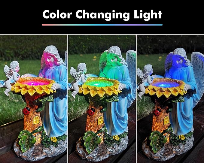 Solar Garden Statue, Angel Outdoor Decor with Color Changing Light Garden Figurine Sunflower Outdoor Statue Waterproof Sculpture Lawn Ornament for Patio Backyard Christmas Birthday Present