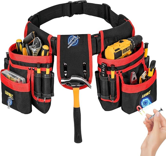 Tool Belt,Magnetic Tool Pouch,27-Pockets Heavy Duty Padded Tool Belts for Men,Detachable & Adjustable Tool Pouch Bag for Electrician,Carpenter,Construction,Work Apron,Utility Belt,Black,Red