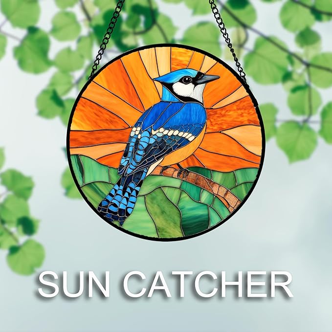 Stained Glass Window Hanging 4 Pcs Set Birds 9.8" - Cardinal Blue Jay Suncatcher Door Garden Sun Catcher Decor Birthday Christmas for Bird Lovers Mom Woman Nana Men