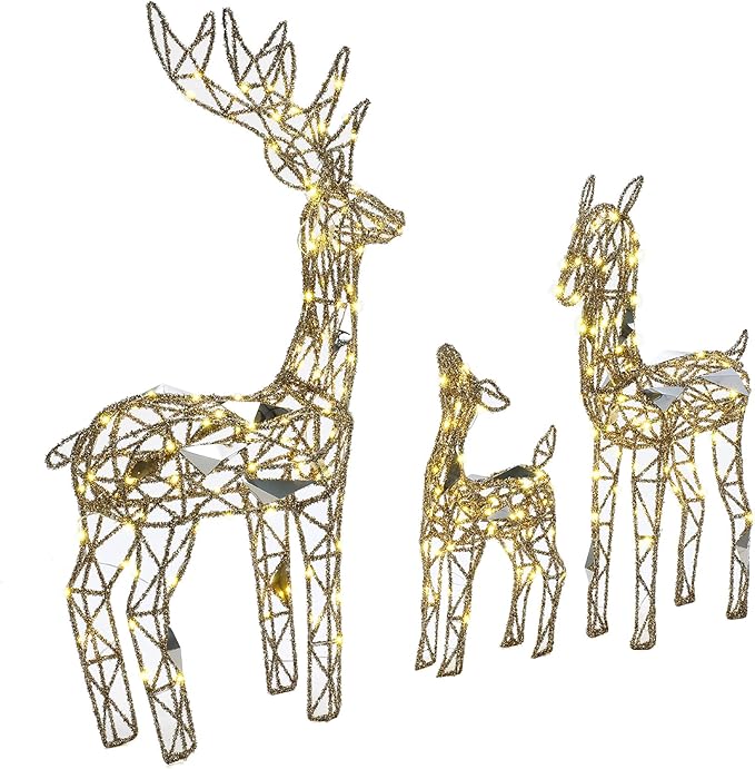 LuxenHome 3PCs Reindeer Christmas Decoration, Gold Reindeer Family with Glitter, 260 LED Lights, Indoor & Outdoor Lighted Christmas Decorations for Lawn, Front Porch, Xmas Holiday Yard Display