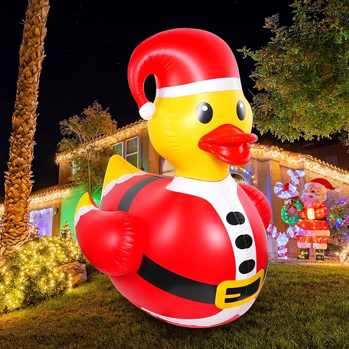 2 Pcs 4.6 Feet Christmas Giant Inflatable Snowman Duck Outdoor Decorations,Huge Blow Up Yard Yellow Duck with Red Snowman Cloth Pool Float for Indoor Christmas Holiday Party Garden Patio Lawn Decor