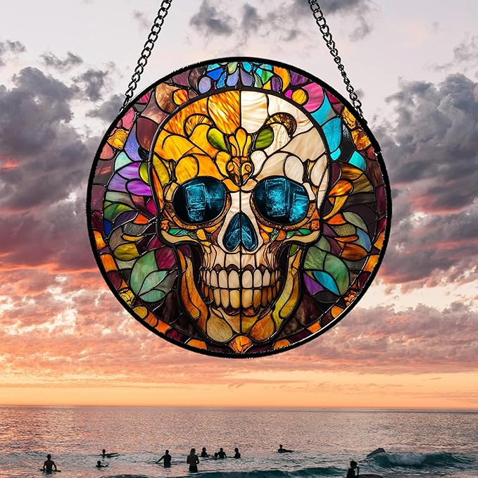 Stained Glass Window Hanging Halloween Retro European Colorful Skull 9.8" - Suncatcher Door Garden Sun Catcher Gothic Decor Birthday Horror Funny Gift for Mom Woman Nana Friend Men