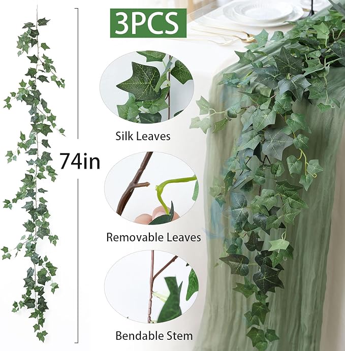 Mizii 3 Strands Artificial Vines Ivy Garland 74" Fake Vine with Silk Green Leaves Faux Hanging Plants Greenery Decoration for Outdoors Wedding Party Indoor Bedroom Home Wall Room Decor (Green)
