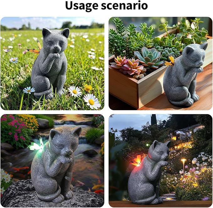 Solar Contented Cat Outdoor Statue Garden Decor,Birthday Gifts for Grandma Mom Women, Ornament for Balcony, Garden, Patio, Yard, Lawn Porch Patio Balcony Home House,7 Colors of Butterfly Glow