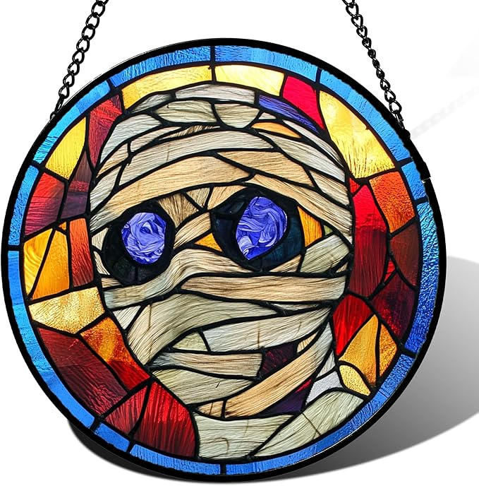 Stained Glass Window Hanging Halloween Blue-Purple Eyeball Mummy 9.8" - Suncatcher Door Garden Sun Catcher Gothic Decor Birthday Horror Funny Gift for Mom Woman Nana Friend Men