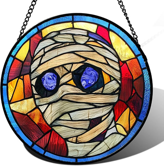 Stained Glass Window Hanging Halloween Blue-Purple Eyeball Mummy 6.3" - Suncatcher Door Garden Sun Catcher Gothic Decor Birthday Horror Funny Gift for Mom Woman Nana Friend Men
