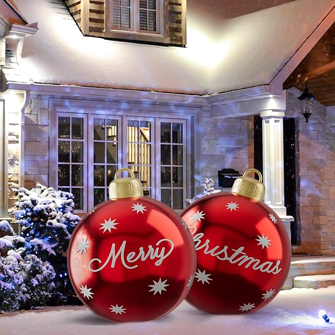 24 Inch Christmas Inflatable Balls, 2 Pcs Outdoor Decorative PVC Ball, Xmas Blow Up Jumbo Ball for Indoor, Giant Ornaments Outside Holiday Yard Lawn Decor (Merry Christmas)