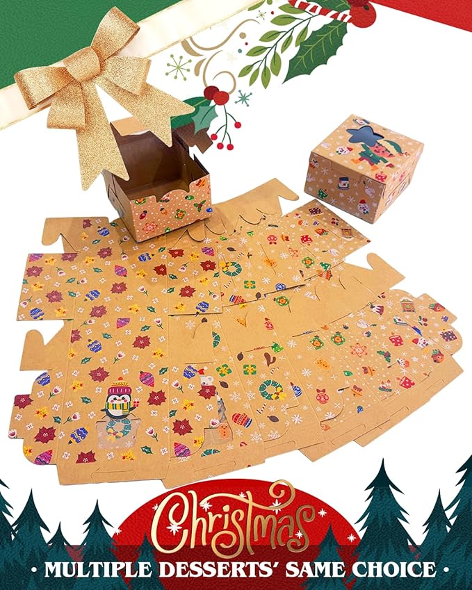 qiqee Christmas Shoes Bakery Boxes with Window 60pcs 4x4x2.5 Mini Cookie Boxes Macaron Boxes Small Donut Pastry Boxes for Christmas