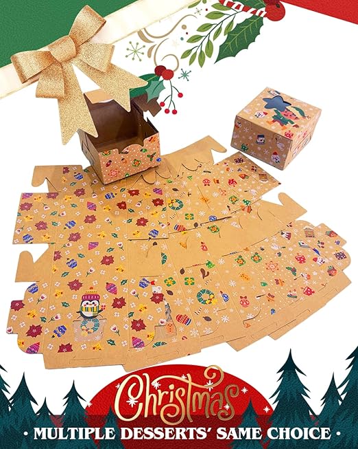 qiqee Christmas Shoes Bakery Boxes with Window 30pcs 4x4x2.5 Mini Cookie Boxes Macaron Boxes Small Donut Pastry Boxes for Christmas