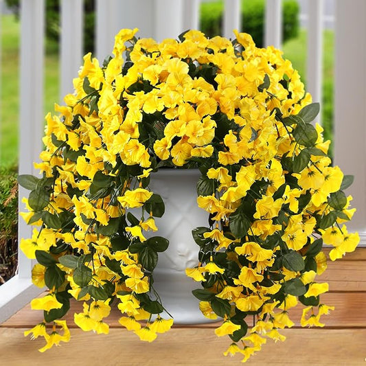 Sggvecsy Artificial Fake Hanging Flowers Plants for Outdoor Outside Spring Summer Decoration 2PCS Faux Silk UV Resistant Realistic Morning Glory Trailing Vines for Home Porch Patio Balcony(Yellow)