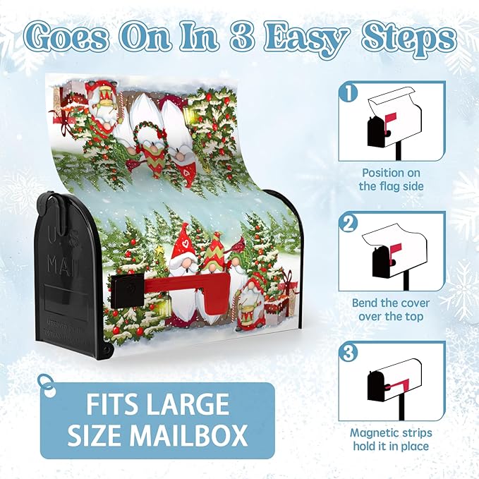 Winter Gnome Mailbox Covers Magnetic Large Size Snowman Snowflake Pines Mail Box Wraps Happy Holiday Xmas Snow Mail Post Covers Waterproof Oversized 25.5 X 21 Inch