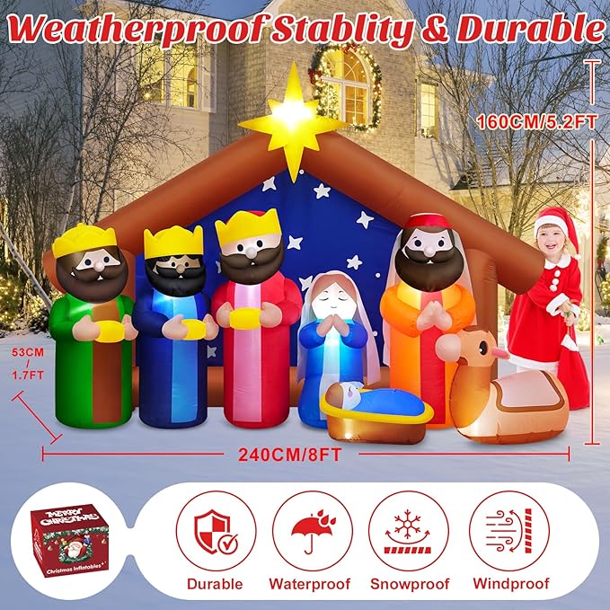 8FT Long Christmas Inflatables Outdoor Nativity Scene Manger Decoration, Build-in LED Lights Giant Xmas Blow Up Yard Decorations The Birth of Jesus for Winter Holiday Party Indoor Outside Lawn Decor
