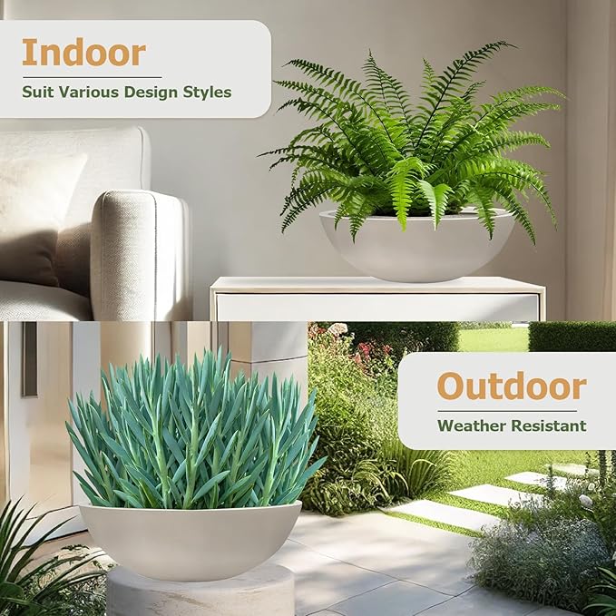 7.7"H x 22"D Round Bowl Fiberstone Planter for Succulent and Lotus - Christmas Tree Planter, Weather Resistant for Indoor & Outdoor Use, Included 2 Extra Coco Mats (Taupe, 19.9" Pot Opening)