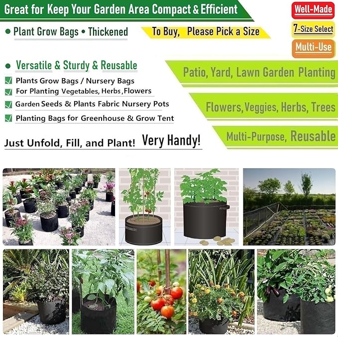 5-Pack 5 Gallon Thickened Plant Grow Bags (12x10 inch) Garden Bags Fabric Plant Pots for Flower Pot,Tomato Planters,Herbs Veggies,Potato Planter Bag,Garden Pot,Barrel Planter,Plant Container W/ Gloves