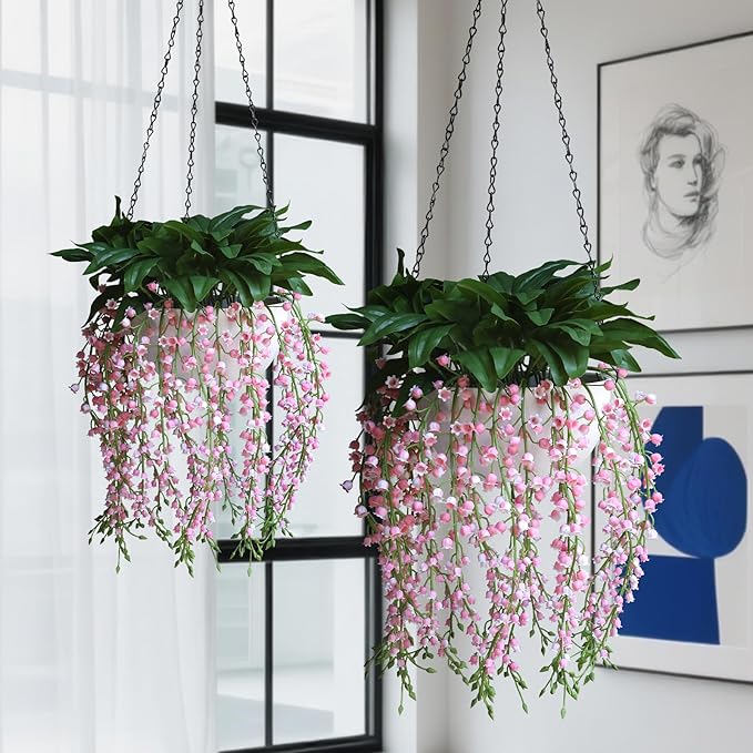 alyptus Hanging Planters for Indoor Plants Fake Flowers - 2-Pack Artificial Hanging Lily of The Valley with Pot - White Faux Flowers in Planters for Indoor Décor