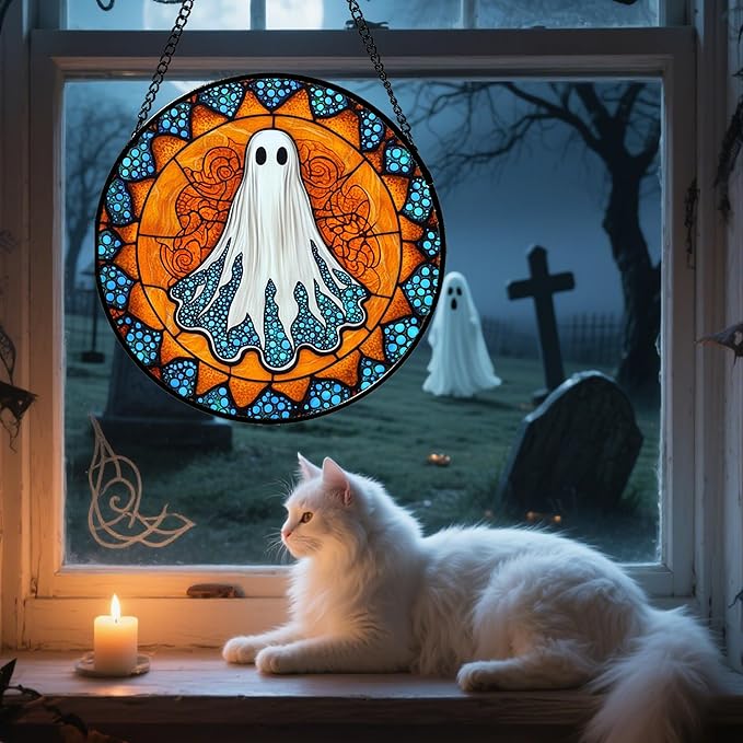 Stained Glass Window Hanging - Halloween Decorations White Ghost Suncatcher for Doors Garden Indoor Spooky Funny Blue Sun Catchers Gothic Decor Horror Gifts for Women Men Friend 15 in