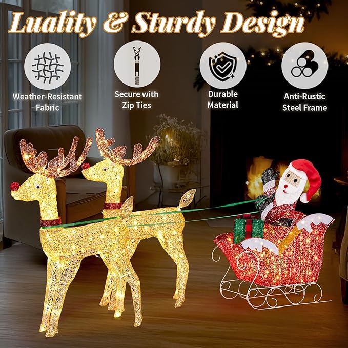 VINGLI 6FT Lighted Christmas Reindeer and Sleigh Outdoor Decorations, 2 Reindeer Pulling Santa’s Sleigh, Warm White LED Glitter Mesh Deer for Xmas Yard Lawn Garden Porch Holiday Decor