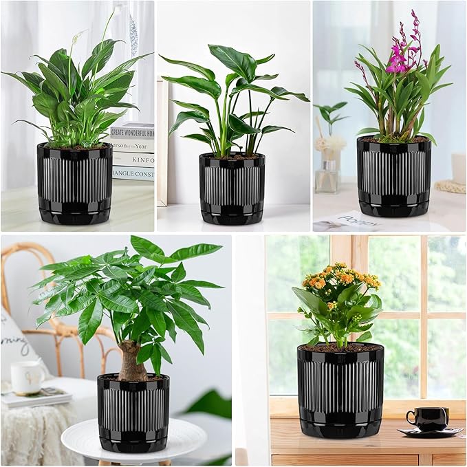 Vanavazon Ceramic Planter Pots for Indoor Plants with Drainage Hole and Saucer,6 Inch Cylinder Plant Pots,Glazed Finish Interior and Exterior,Set of 2 (Black)