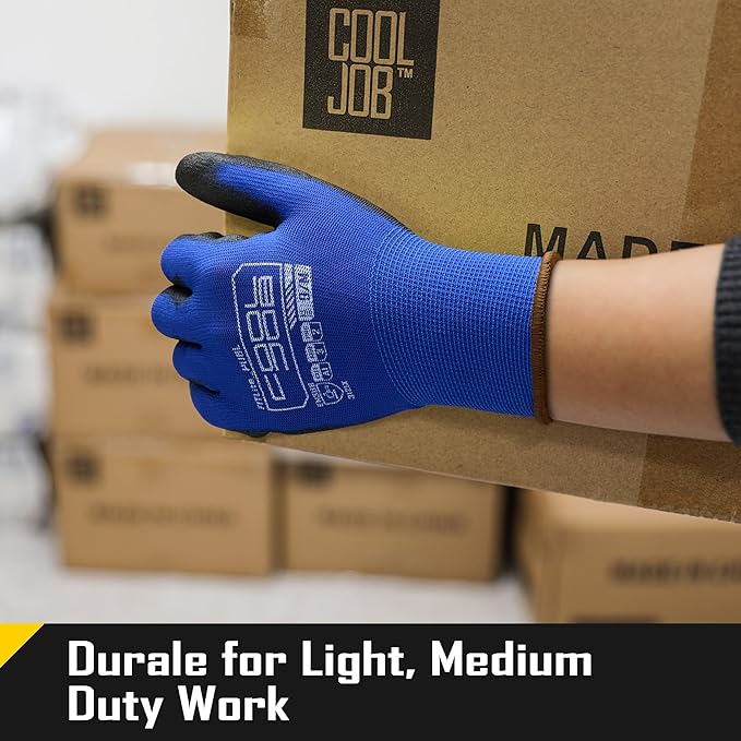COOLJOB 12/60 Pairs Safety Work Gloves Pack Bulk with Grip PU Coating, 13 Gauge Seamless Knit Gloves with Polyurethane Dipped for Warehouse Working, Breathable Lightweight for Men Women, Blue Xlarge