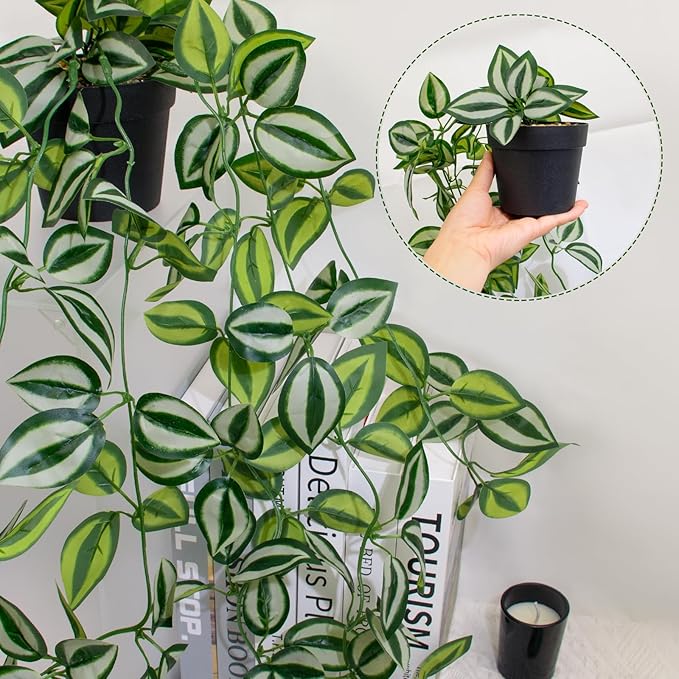 Artificial Plants Indoor Small Potted Hanging Vine plnat 39-in Long Fake Green Eyebrow Leaf Plant Faux Trailing Plant for Home Office Livingroom Desk Shelf Mantle Decoration (Black Pot)