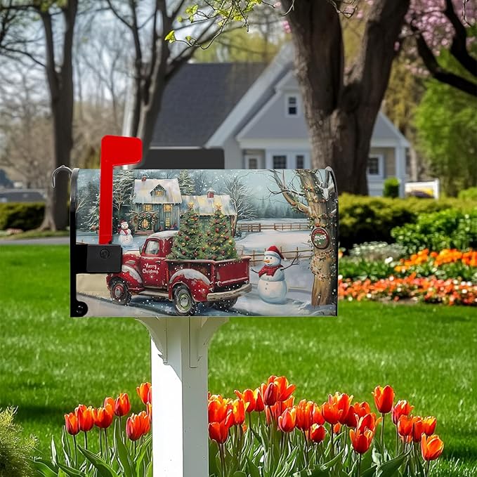 Winter Red Truck Mailbox Covers Magnetic Standard Size 21x18 inch Christma Tree Mailbox Covers Snowman Mail Box Wraps for Outside Garden Yard