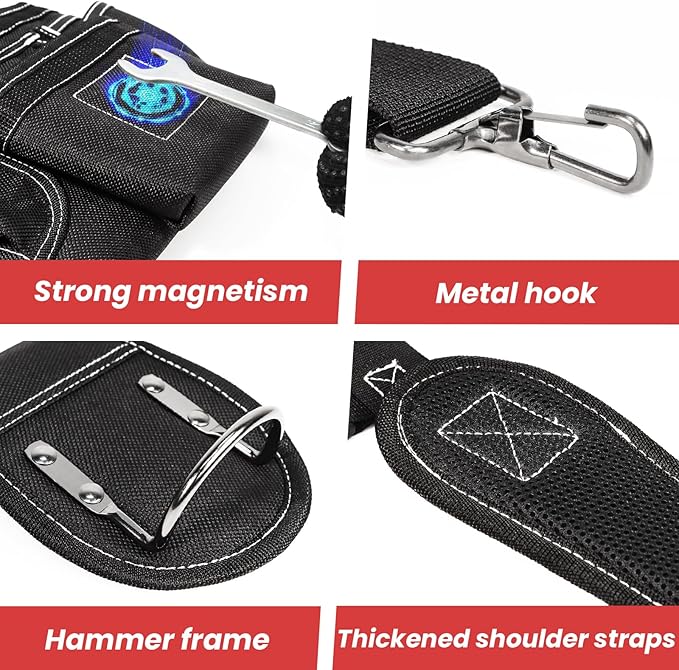 Tool Belt, Professional Tool Belts for Men, Magnetic Tool Pouch With Suspenders, Heavy Duty Detachable Adjustable Utility Belt Work Bags for Electrician, Carpenter (Black, 32''-66'')