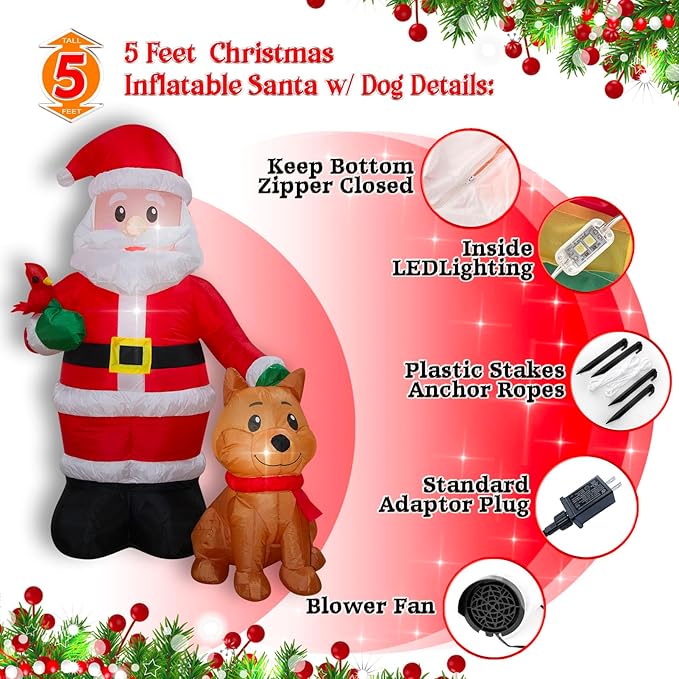 Christmas Inflatables Santa with Dog Cardinal Lighted Yard Lawn Inflatable Decoration with Built-in Fan and Stakes Ropes Holiday Party Decor, Christmas Decor (5FT-Santa with Dog & Cardinal)