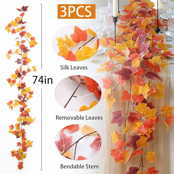 Mizii 3 Strands Artificial Vines Fall Ivy Garland 74" Fake Vine with Silk Leaves Faux Hanging Plants Greenery Decoration for Outdoors Wedding Party Indoor Bedroom Home Wall Room Fall Decor (Fall Ivy)