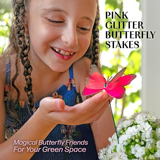 Handmade Glowing Pink Butterfly Garden Stakes Set of 7 - Decorative Outdoor & Indoor Plant Decor - Nature Lover Gift Idea by Air Aquarium Kushner