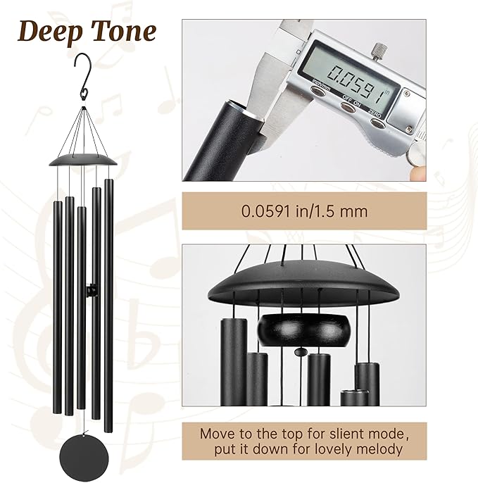 65" Extra Large Wind Chimes with Outside Deep Tone, 5 Thick and Bold Aluminum Tubes, Coolest Metal Windchimes Outdoors with Pine Wood Striker, Unique Gift for Mom, Garden Decoration(Black)
