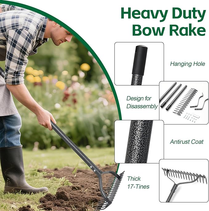 Thatch Rake, 49" Heavy Duty Metal Lawn Leveling Rake with 17 Tines, Garden Tool with Adjustable Long Handle for Looseing Soil, Weede Control