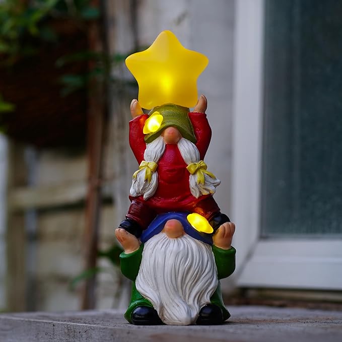 Solar Garden Gnomes Outdoor Statue with Solar Lights, 11" Figurine Lights Solar Garden Outdoor Decorations for Patio,Yard,Lawn Ornament，Mom Gift Unique Housewarming Gifts