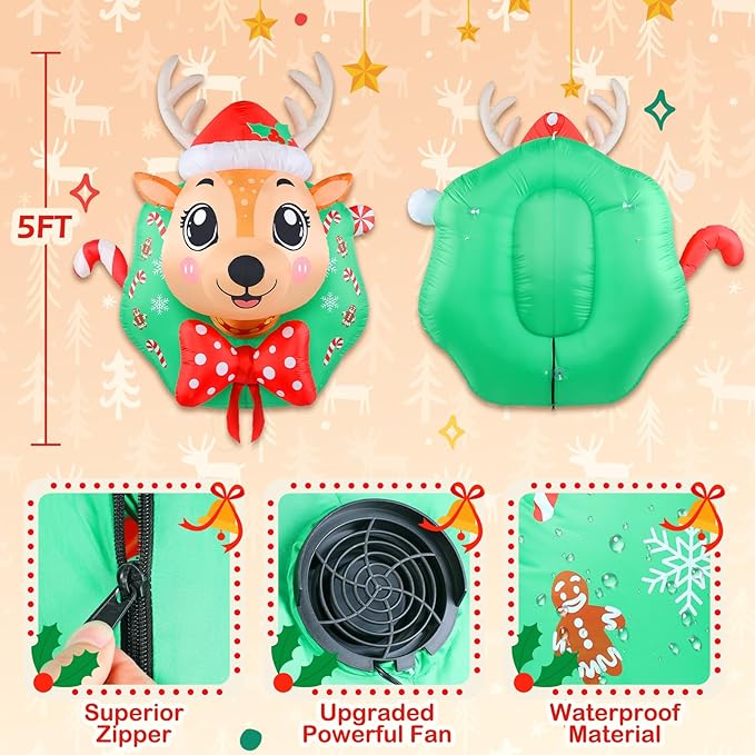 5FT Christmas Reindeer Inflatable Outdoor Yard Decoration Blow Up Inflatables Window Wreath with LED Lights for Xmas Holiday Décor