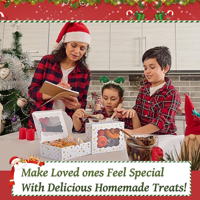 12Pcs 8"x6"x2.5" Christmas Cookie Boxes with Window, White Bakery Boxes for Cookie, Treat Boxes Pastry Boxes for Gift Giving, Chocolate Covered Strawberries, Dessert, Donut, Cupcakes Muffins