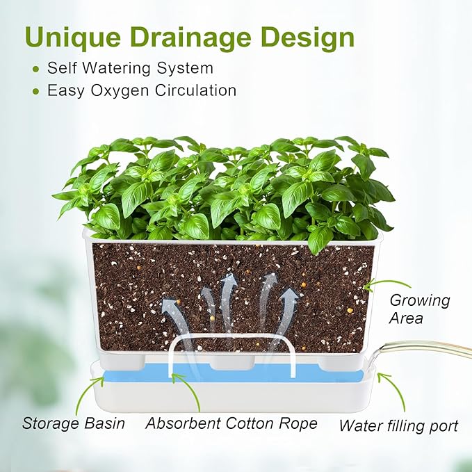 10 Inch Self Watering Planters for Indoor Plants: 2 Packs Rectangular Plant Pots with with Drainage and Tray, Window Pot Self Watering Planter for Herb, Houseplants
