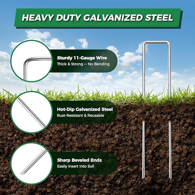 150Pcs Landscape Fabric Pins+150Pcs Gasket+Pick Hook+Rubber Mallet, 6 Inch Landscape Fabric Staples 11 Gauge U Shaped Galvanized Landscape Pins Yard Ground Pin for Weed Barrier Sod Fabric Decoration